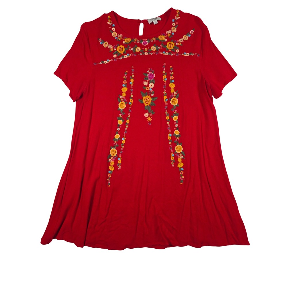 Umgee Tunic Swing Dress Floral Embroidered Boho Red Large Short Sleeve